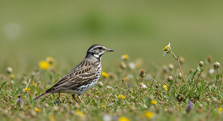 Fototapeta premium A beautiful small songbird with distinctive striped plumage foraging in a vibrant green meadow filled with wildflowers under natural light
