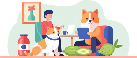 Person and dog working at a table with laptops, surrounded by food and art