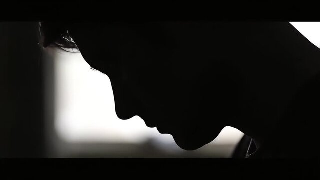 Silhouette profile of person facing left with shadow and light contrast in close-up view indoors