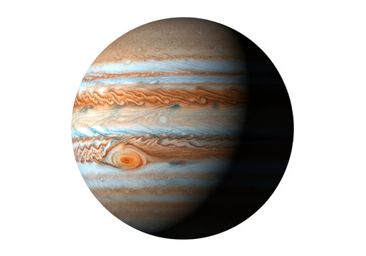 Realistic 3d illustration of the planet jupiter showing its gas bands and the great red spot isolated on transparent background