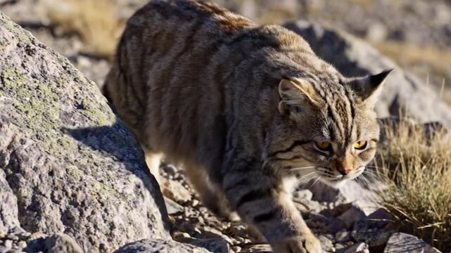 A Pallas cat stalks through rocky terrain, showcasing its agility and sharp features in a natural environment from a close-up viewpoint.