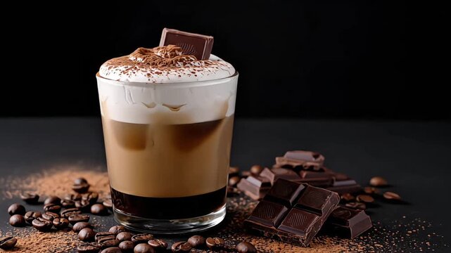 Rich mocha coffee drink with chocolate and coffee beans on dark background