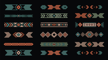 Aztec Navajo Border Vector Set with Southwestern Art Symbols, Traditional Tribal Geometric Patterns for Decorative Frames, Text Dividers, Branding, Posters, and Cultural Design Projects © RIOTOO