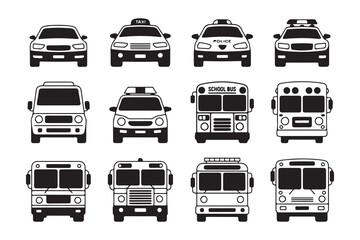 Automotive front view vector icons with police car school bus ambulance and taxi symbols for graphic designs © Mojnur