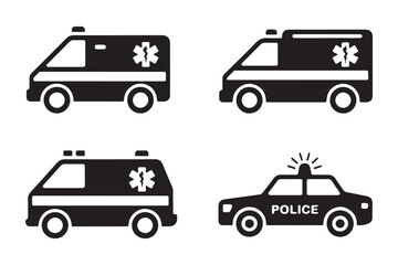 Ambulance and police patrol car side view vector icons for medical emergency and law enforcement operations