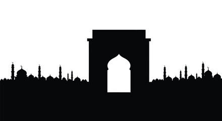 Taj Mahal silhouette with archway and domes against white background © MST