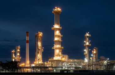 Obraz premium Night View of Illuminated Industrial Refinery