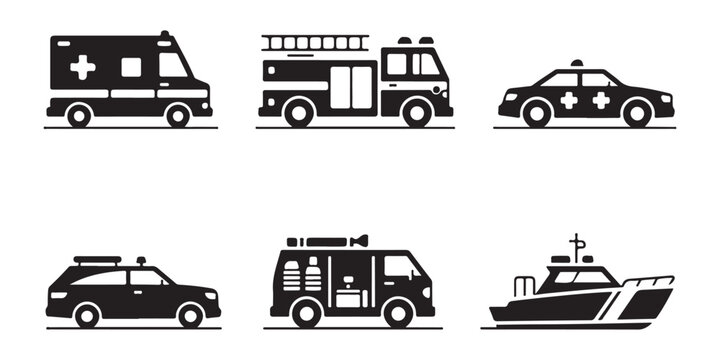 Minimalist emergency vehicle silhouettes including ambulance fire engine police car and coast guard rescue boat