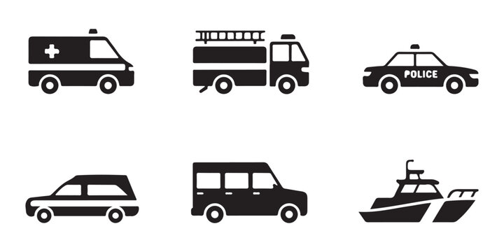Emergency services and rescue vehicles vector silhouette collection with ambulance fire truck and police car