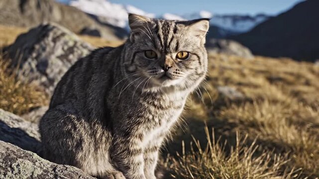 A majestic Pallas cat sits on a rocky outcrop in a dry, grassy mountainous landscape with snow-capped peaks in the background.