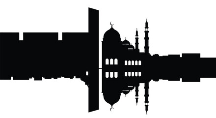 Islamic mosque silhouette with minarets and dome reflected in water, serene and peaceful atmosphere