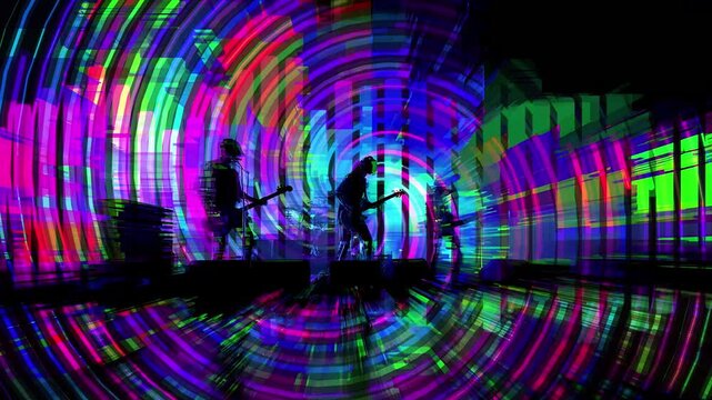 Band Performing Under Vibrant Neon Lights Motion Graphics