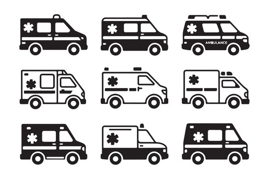 Ambulance icons set, medical emergency vehicles, black and white style with white background