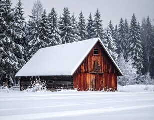 A rustic wooden barn surrounded by snow-covered trees