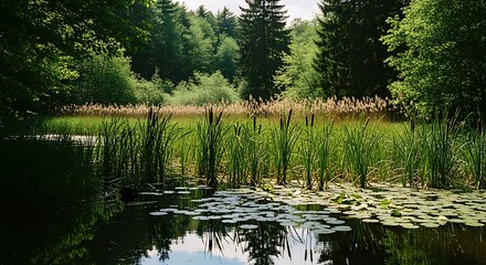 Obraz premium Serene Natural Pond in Forest with Water Lilies and Tall Green Vegetation