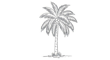 Obraz premium Hand-drawn sketch of a tropical palm tree with coconuts and green grass at its base.