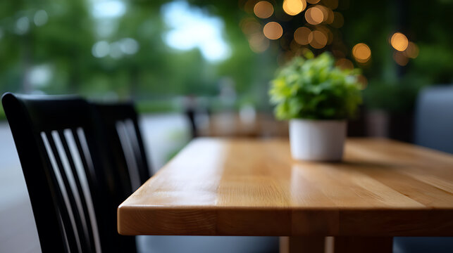 A tranquil wooden table setting with a plant in a white pot, blurred background with bokeh