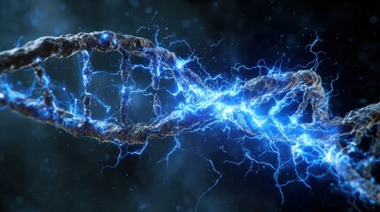 Fototapeta premium High-Resolution Digital Illustration of a DNA Double Helix with Blue Lightning and Electric Energy Effects