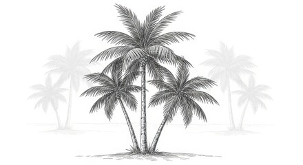 Obraz premium Vintage Palm Trees Illustration on Tropical Beach, Retro Travel Destination