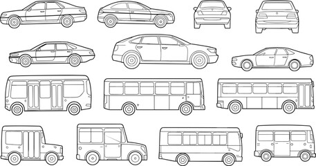 Car and bus line art illustration set with multiple side front rear views, urban transport vehicle black vector collection © Sabbir's World