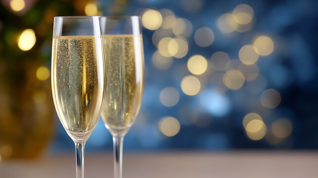 Two glasses of champagne, creating a festive atmosphere with bokeh lights. Champagne bubbles rise elegantly in tall flutes, representing celebration