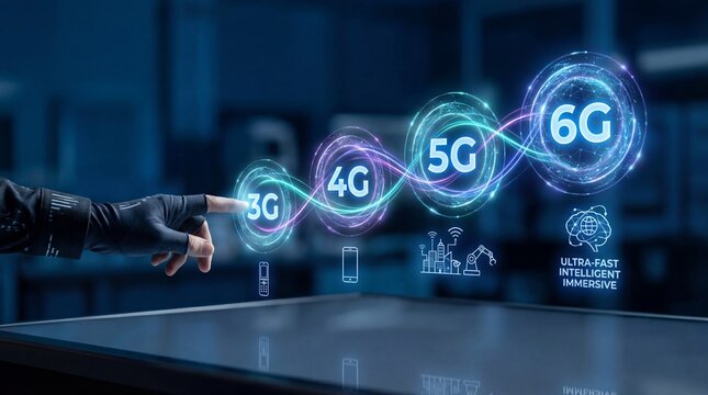 Person interacting with futuristic 3G 4G 5G 6G network technology