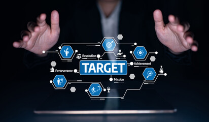 Naklejka premium Inspiring visual representation of a digital target mission with hands guiding the concepts of achievement, resolution, and perseverance in personal success and growth. Tessel