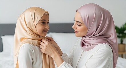 Two women wearing hijabs standing together adjusting scarves in a bedroom