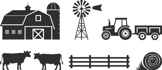 Farm agriculture icon set featuring barn windmill tractor cows fence hay bale rural farming silhouette vector illustration isolated black graphic © Sabbir's World