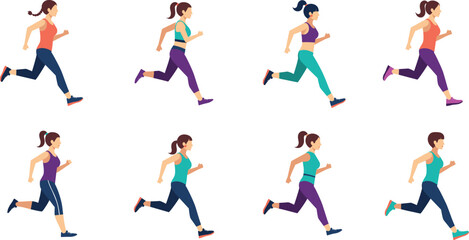 Running Women Fitness Silhouettes Set, Flat Design Female Joggers in Athletic Sportswear for Marathon, Cardio and Training Graphics
