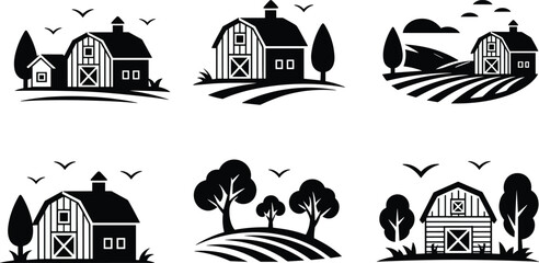 Farm barn silhouette icon set with rural landscape fields trees and birds, countryside agriculture black vector illustration collection © Sabbir's World