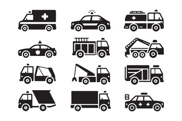 Naklejka premium Set of black and white special purpose vehicle icons including ambulance police fire truck and tow truck