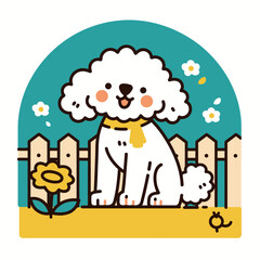 Naklejka premium A dog sits happily by a fence with a flower in the garden. Sunshine fills the scene in a bright atmosphere.