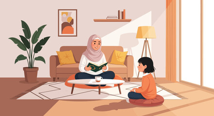 Fototapeta premium Muslim mother and daughter reading book together in cozy living room, Islamic family bonding