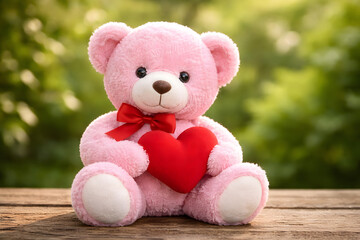 Obraz premium Pink Teddy Bear Holding Red Heart on Wooden Table Outdoors