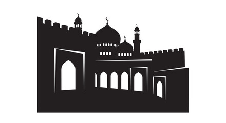 Islamic mosque architecture silhouette with domes and minarets on white background © BASHIRHSAN