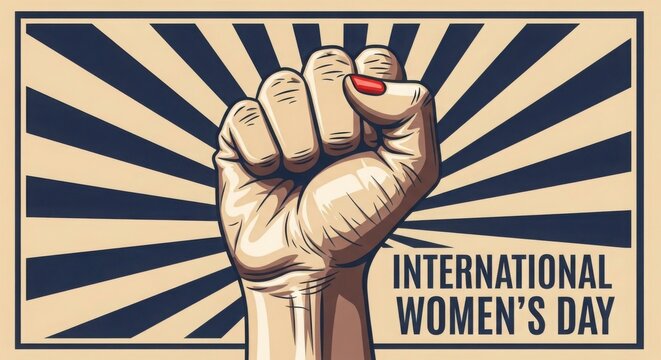 Fist Raised in Solidarity for International Women's Day with Retro Sunburst Background
