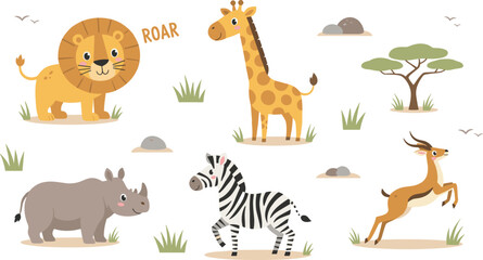 Naklejka premium Cute Safari Animal Illustration Set, Cartoon Lion, Giraffe, Rhino, Zebra and Gazelle for Nursery Decor, Kids Party and Educational Design