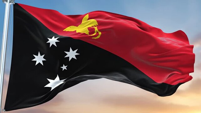 Papua New Guinea Flag Waving in Wind Against Sky 4K Video