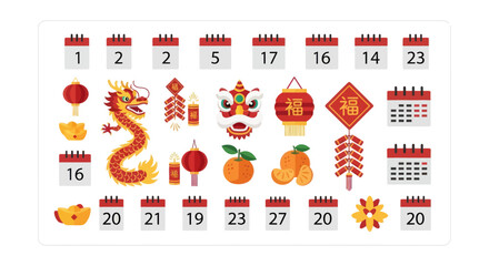 Chinese New Year Icons: Dragon, Lanterns, Calendars, Firecrackers, Oranges © malika