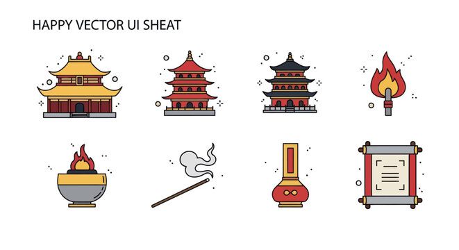 Vector Icons: Traditional Asian Buildings, Fire, Incense, Scroll