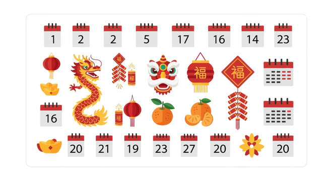 Chinese New Year Icons: Dragon, Lanterns, Calendars, Firecrackers, Oranges