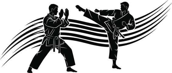 Dynamic martial arts silhouette vector illustration of two fighters sparring, karate high kick technique, taekwondo training action, sports combat fitness concept graphic, isolated. © MstRujifa