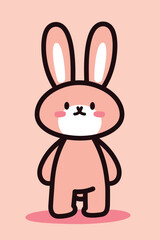 Fototapeta premium A cartoon bunny with long ears and a simple smile stands on a pink background. The bunny has a round shape and a soft design.