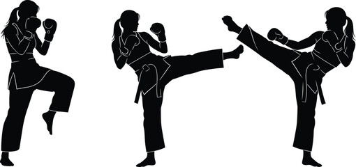 Female karate martial arts silhouettes performing high kicks, self defense training poses, combat sports action, strength balance flexibility concept, vector illustration © MstRujifa