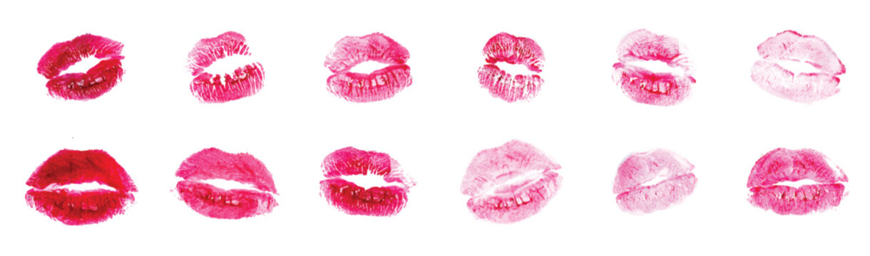 Set of pink lipstick kiss prints isolated on white background for valentines day and beauty design elements