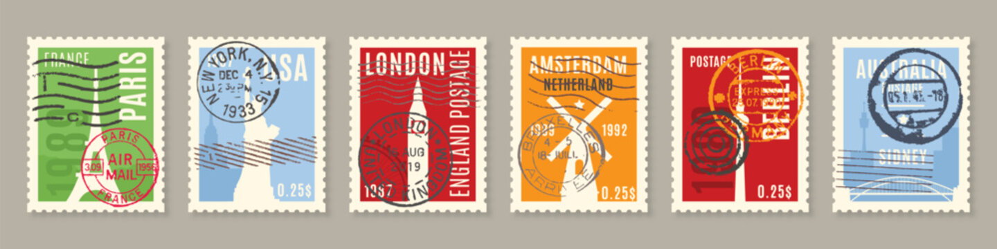 Collection of postage stamps from different countries with postmarks, vintage mail design elements, vector illustration