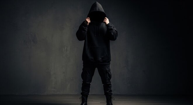 Mysterious person in black hoodie standing against dark background