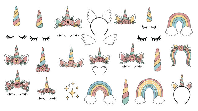 Whimsical unicorn party elements including golden horns, floral ears, colorful rainbows, and eyelashes for magical kids birthday themes.