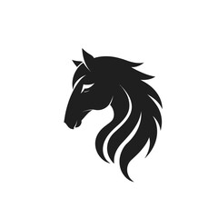 Fototapeta premium A black silhouette of a horse head shows a flowing mane against a simple background. The design highlights the shape and movement.